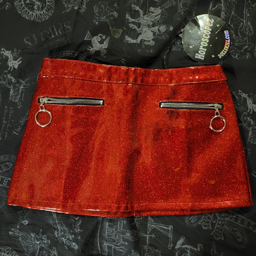HOROSCOPEZ by DOLLS KILL Red Glitter Vinyl Mini Skirt- Zippers, Pockets, O-rings